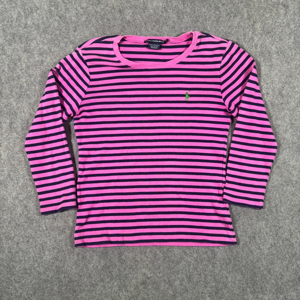 Ralph Lauren Sport Shirt Kids Large Pink Navy Blue Striped Long Sleeve Pony Tee